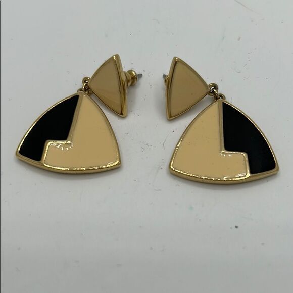 Vintage Trifari Geometric Gold and Black Pierced Earrings - Picture 1 of 4